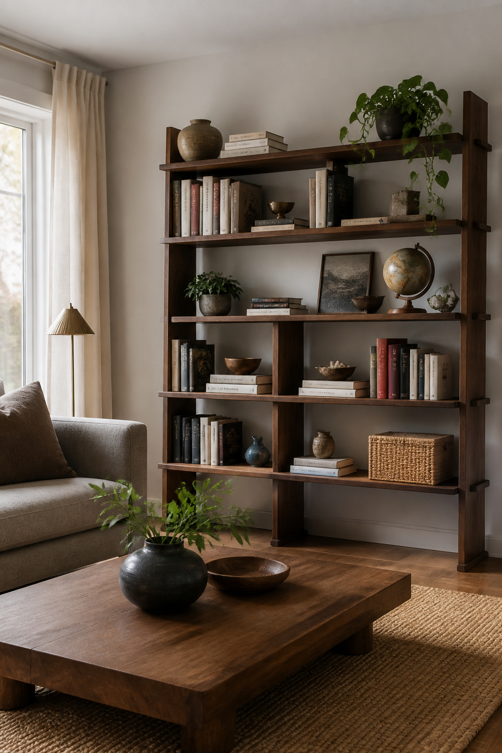 Books arranged with decorative objects on a bookshelf.