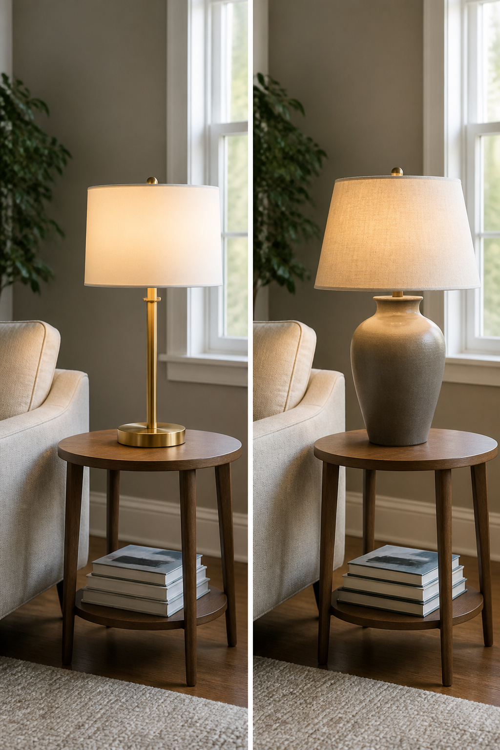 Table lamp placed on a side table in a well-lit room.