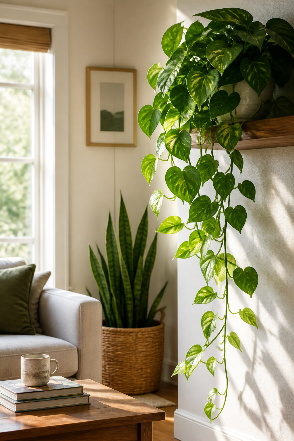 Pothos and snake plants in decorative pots on a shelf.