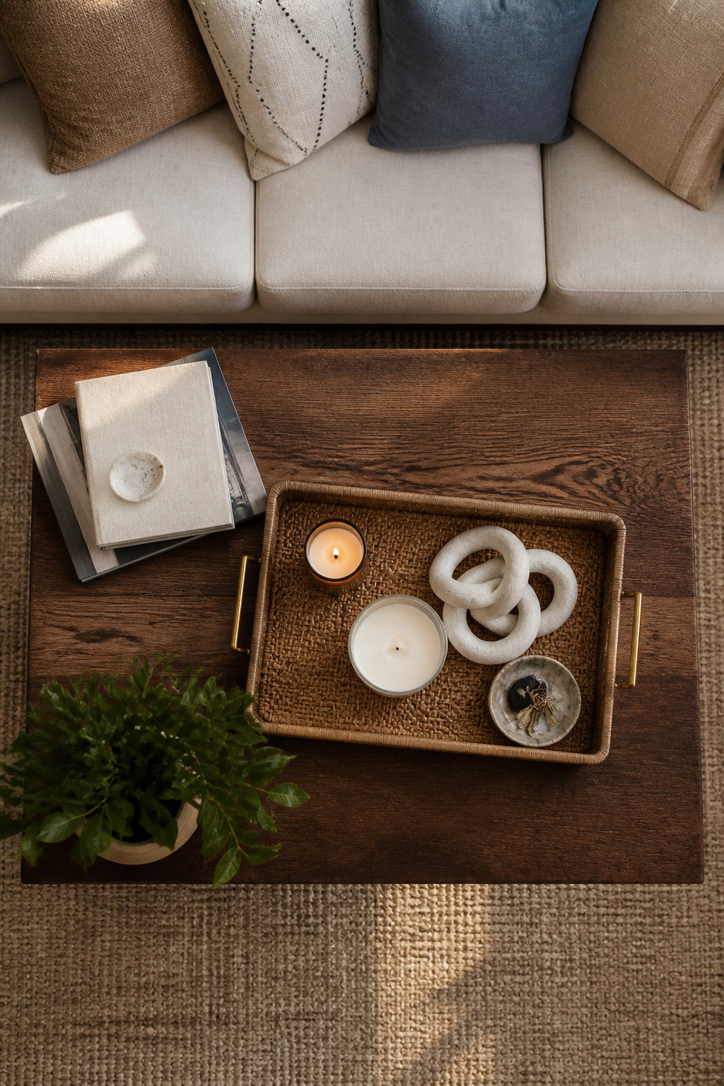 Tray holding candles and small objects on a coffee table.