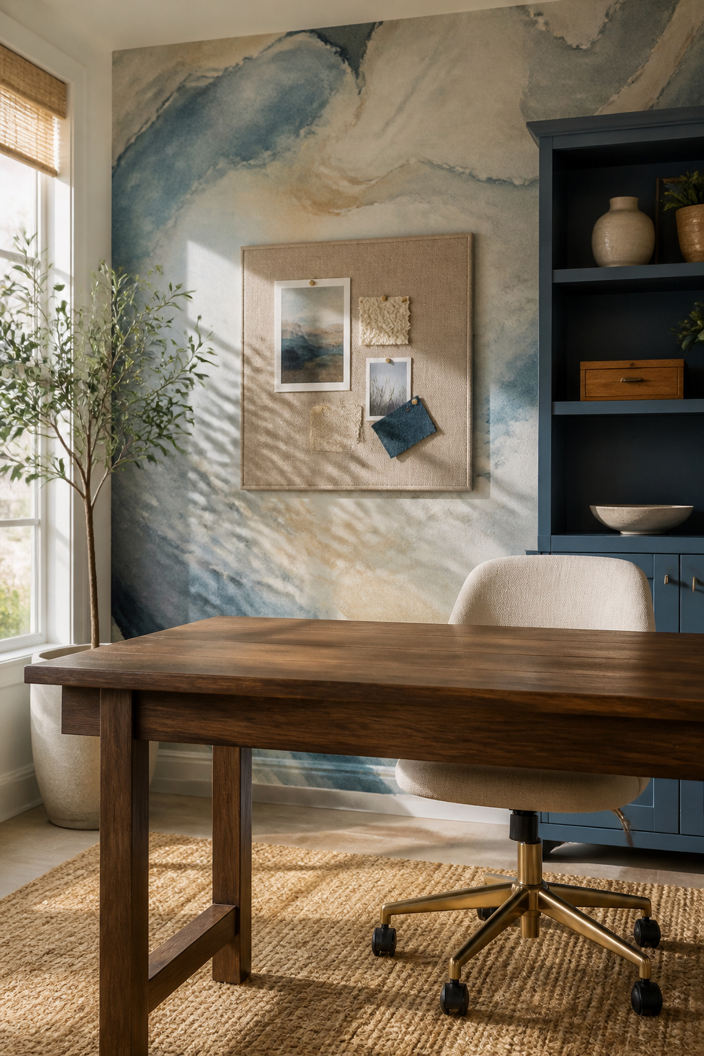 10 Home Office Ideas That Work for Real Rooms in 2026 12 A serene mural blending coastal blues and grays on an office wall.