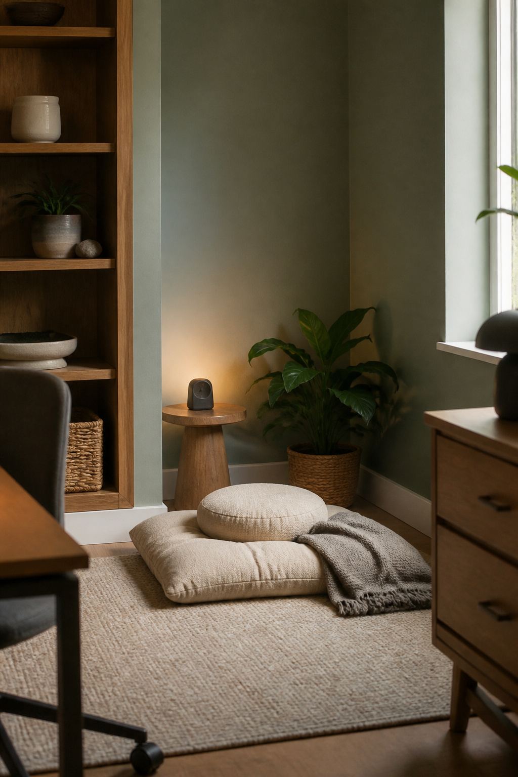 10 Home Office Ideas That Work for Real Rooms in 2026 13 A meditation corner with a cushion and plant in a home office.