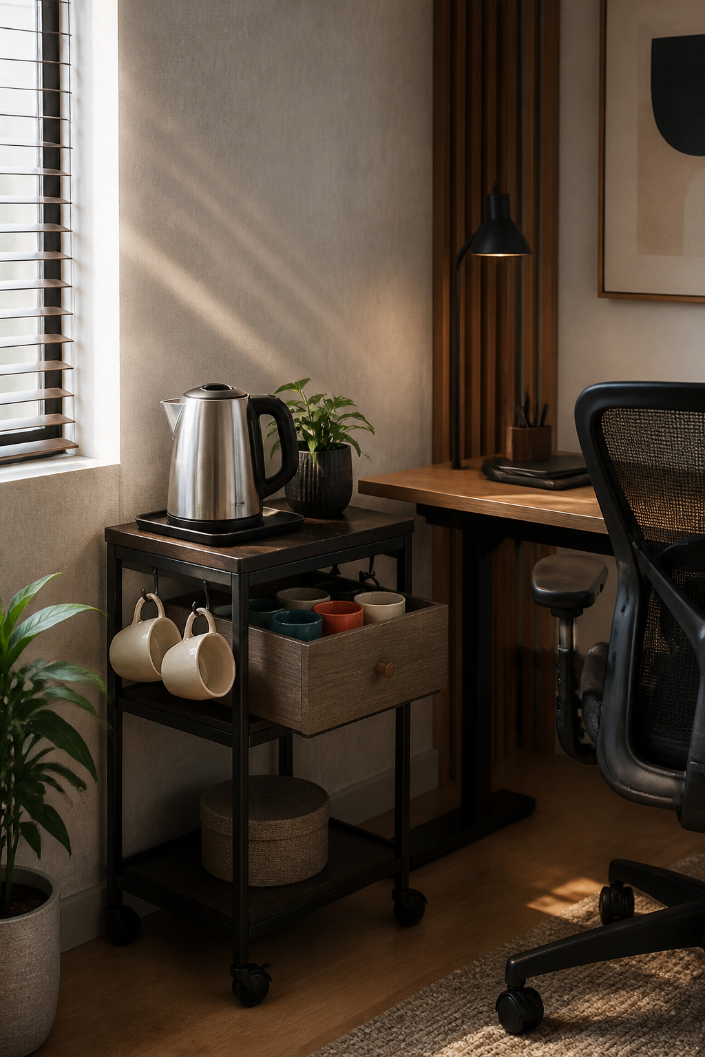 10 Home Office Ideas That Work for Real Rooms in 2026 14 A rolling cart with an electric kettle and mugs beside a chair.