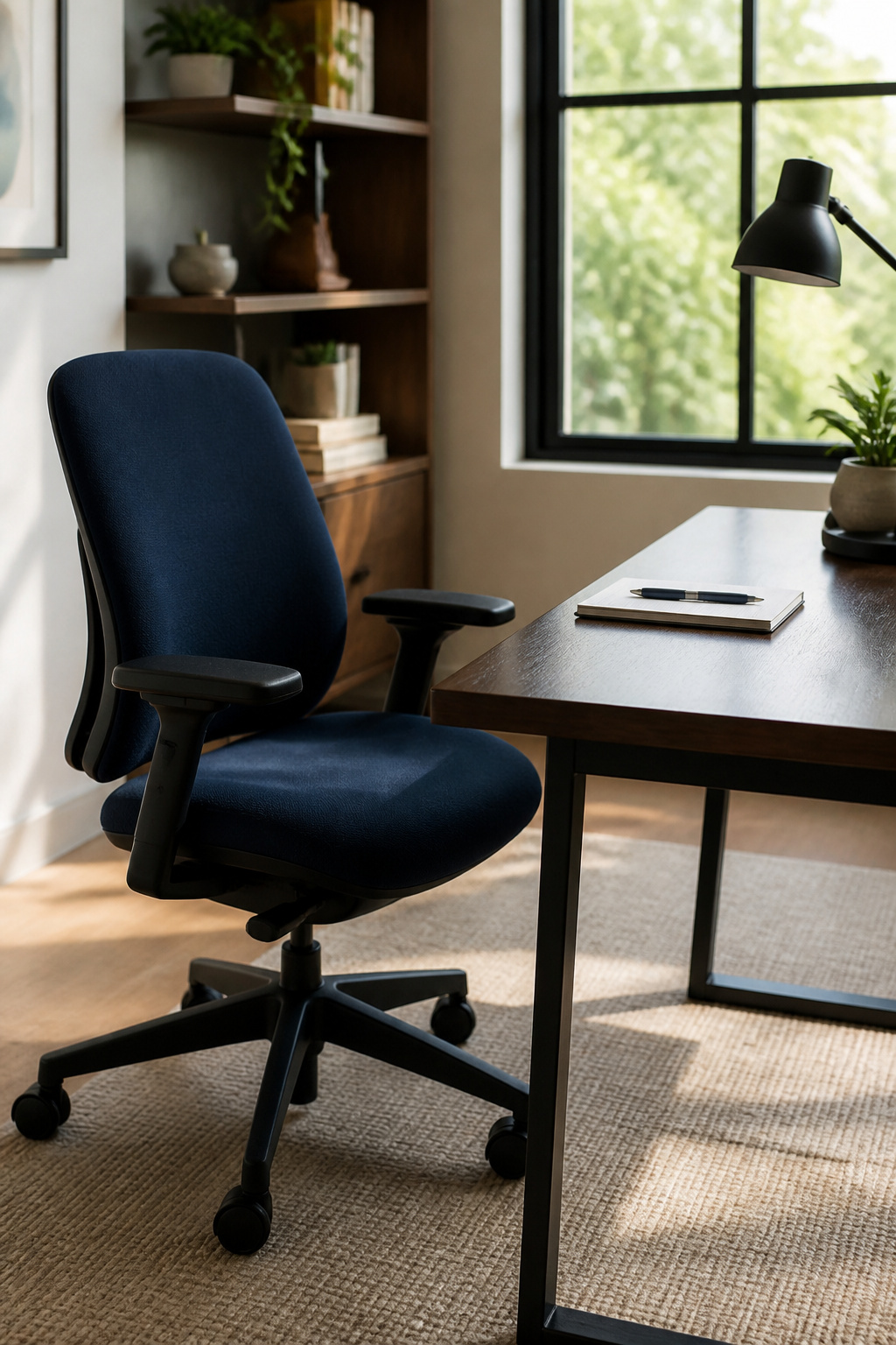 10 Home Office Ideas That Work for Real Rooms in 2026 3 A deep navy ergonomic chair beside a stylish desk and notebook.