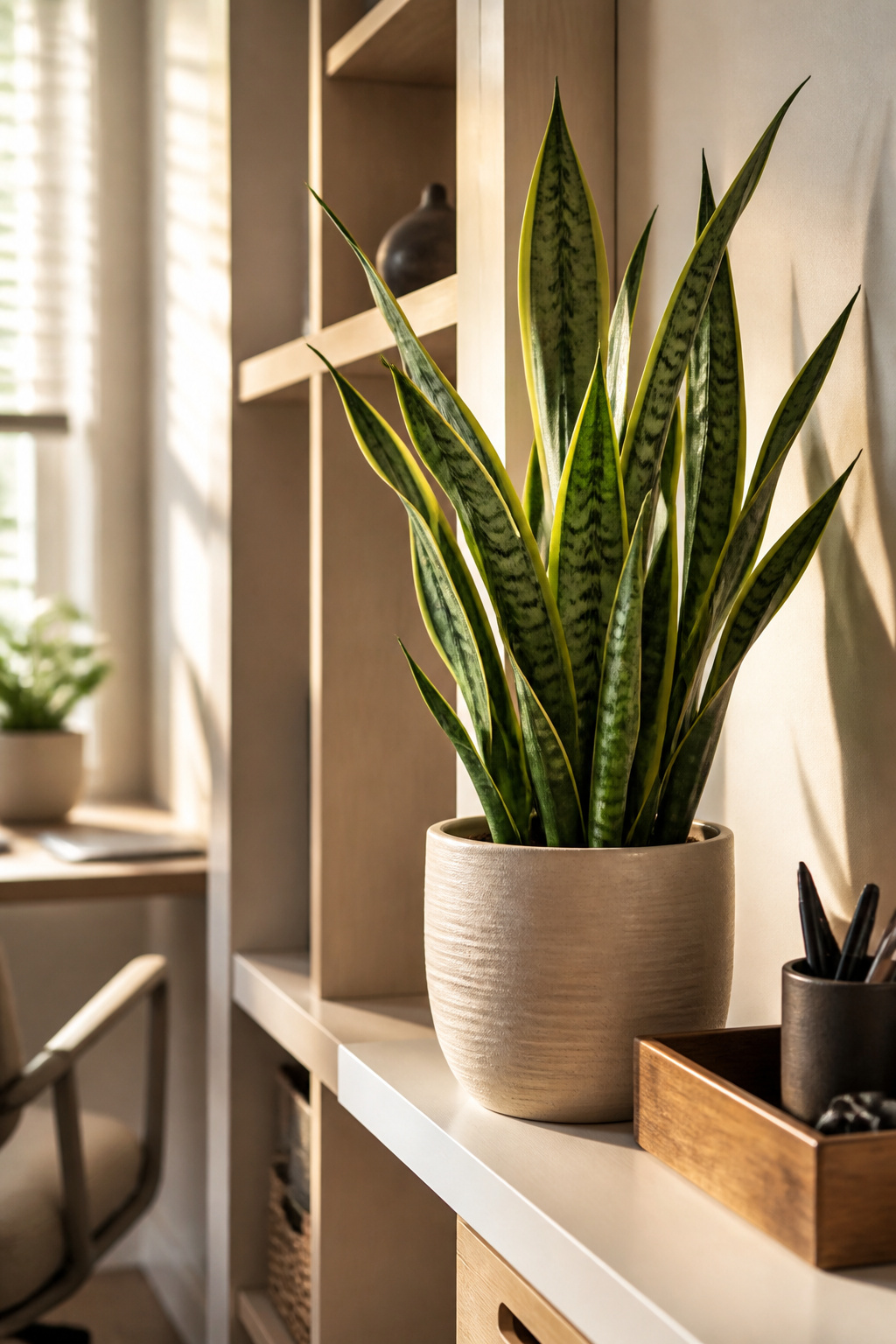 10 Home Office Ideas That Work for Real Rooms in 2026 5 A snake plant in a pot placed in a home office corner.
