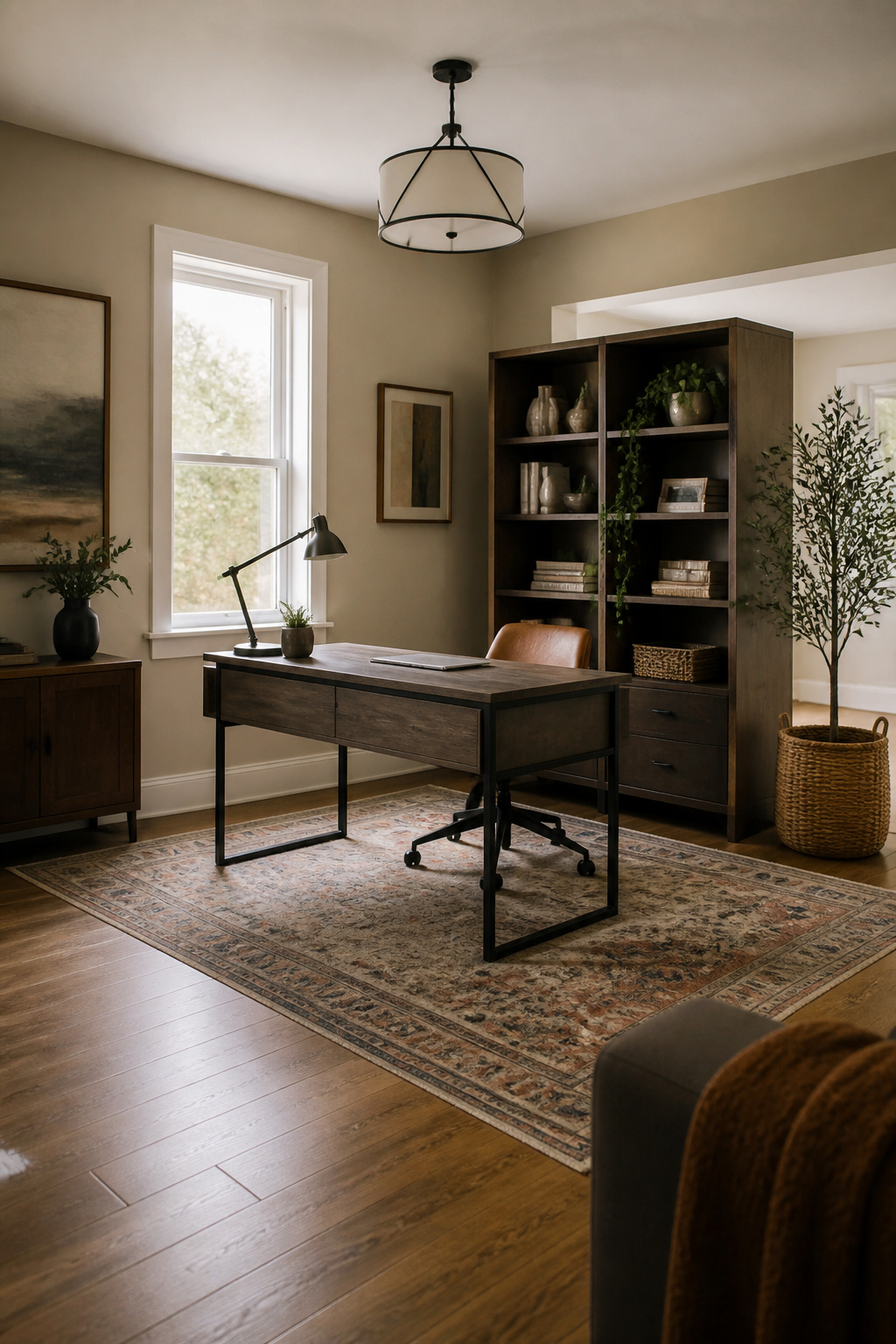 10 Home Office Ideas That Work for Real Rooms in 2026 7 A rug under a desk and chair in a home office.