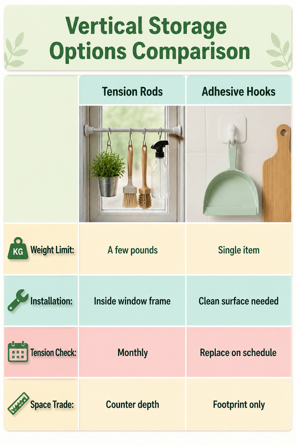 10 Steps to Organize Kitchen Counters: A 2026 Guide 14 Tension rods and adhesive hooks used for vertical storage in a kitchen.