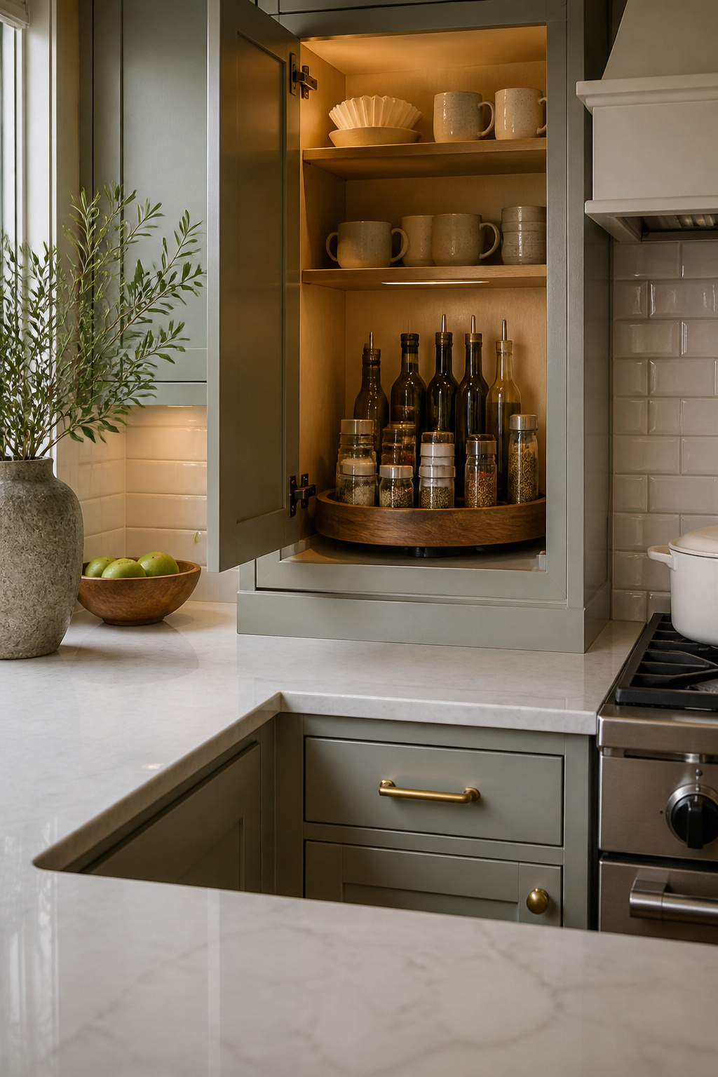 10 Steps to Organize Kitchen Counters: A 2026 Guide 3 A well-organized cabinet interior with a lazy Susan for oils and spices.