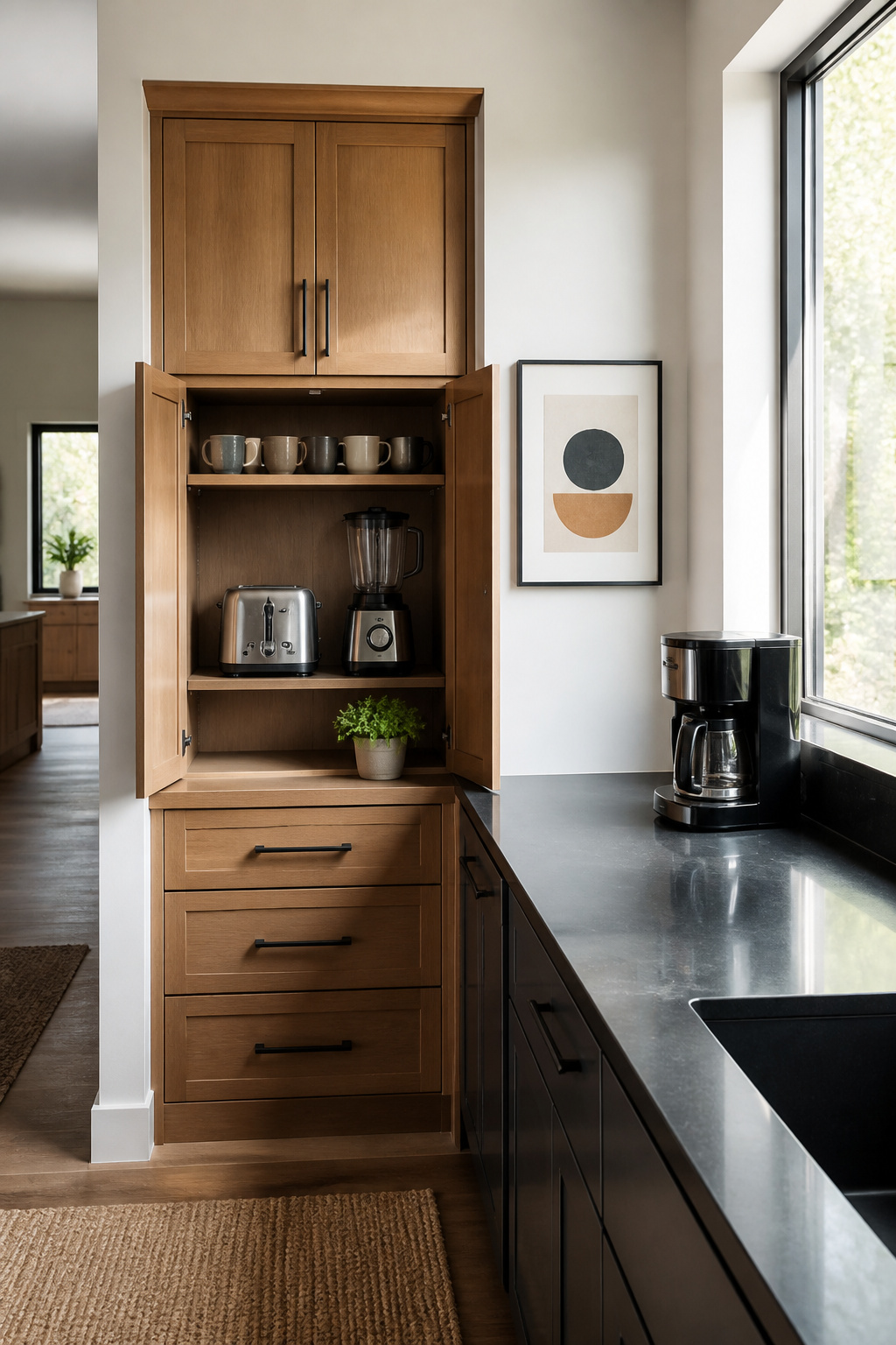 10 Steps to Organize Kitchen Counters: A 2026 Guide 4 Stackable shelves inside a cabinet holding a toaster and mugs.