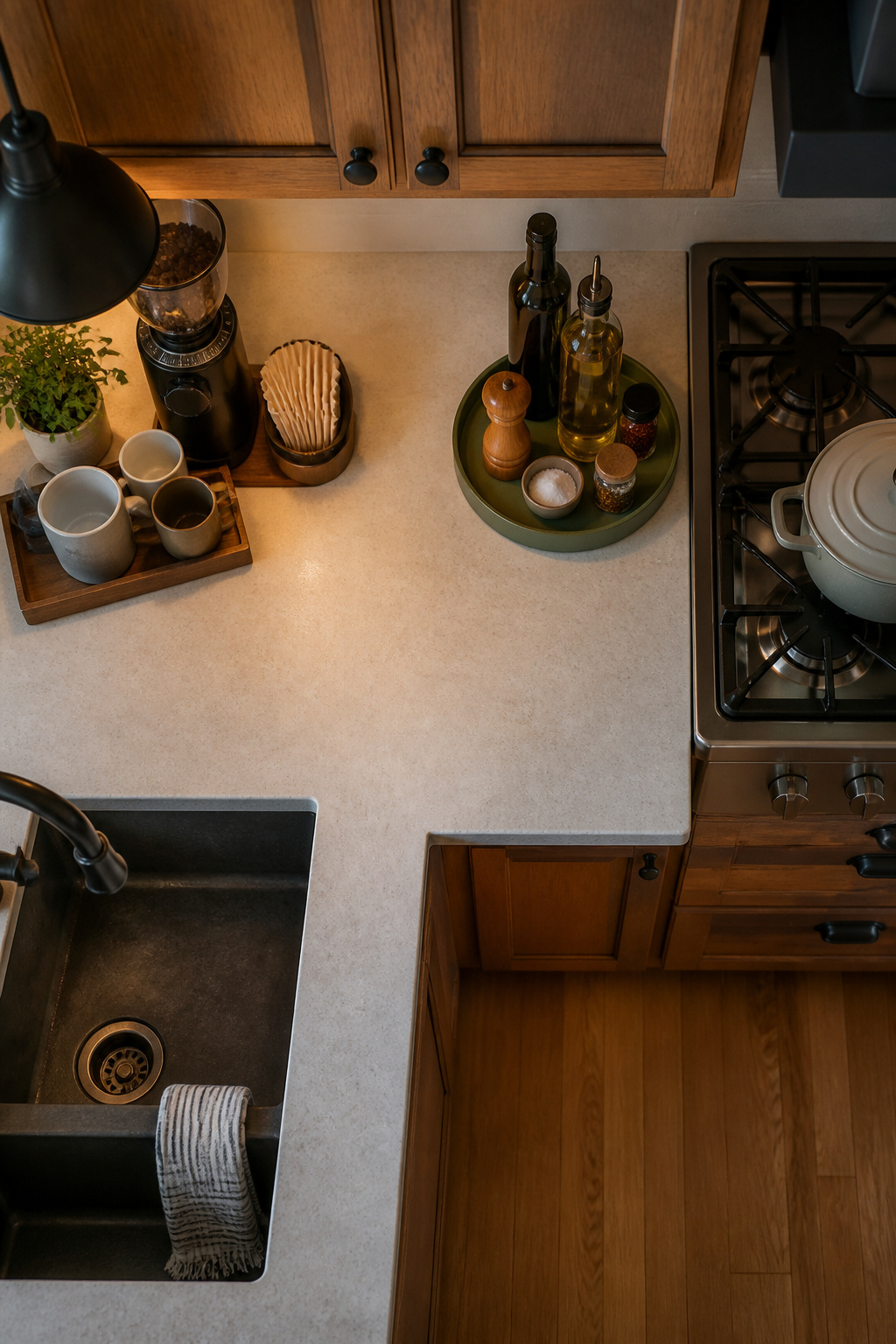 10 Steps to Organize Kitchen Counters: A 2026 Guide 5 A coffee station on the counter organized with mugs and coffee supplies.