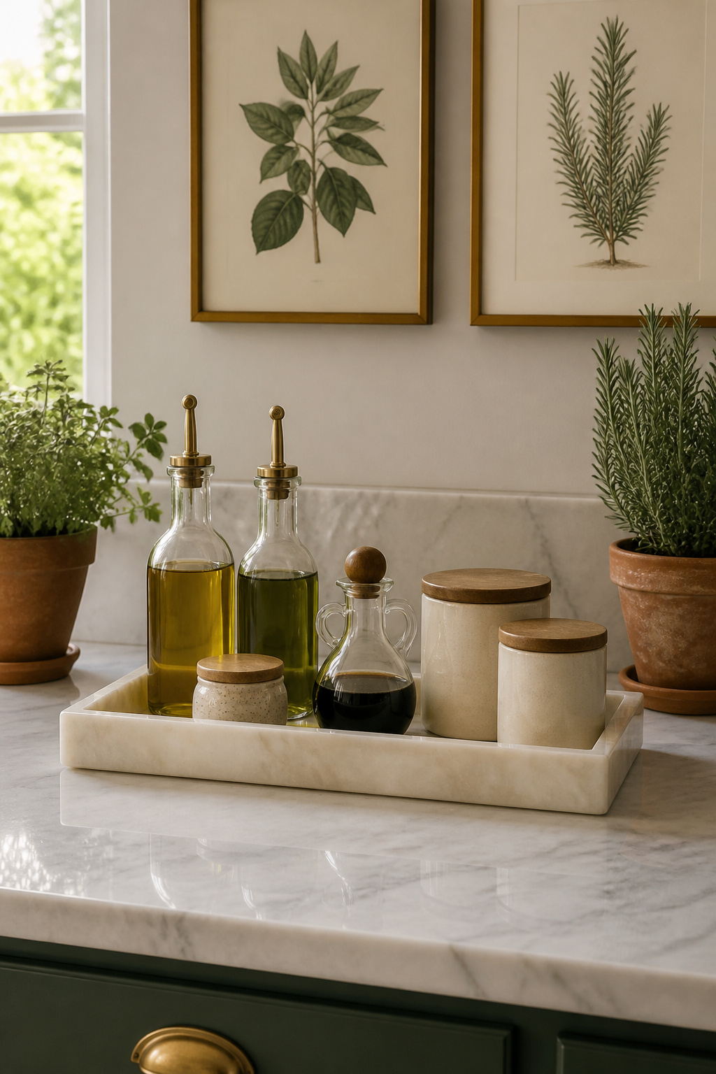 10 Steps to Organize Kitchen Counters: A 2026 Guide 6 A rectangular resin tray holding oil bottles on a marble countertop.