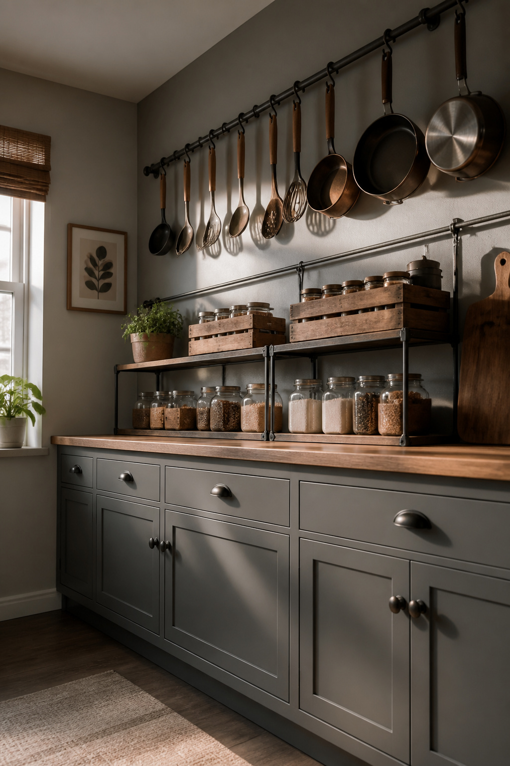 10 Steps to Organize Kitchen Counters: A 2026 Guide 7 A wall-mounted rail with S-hooks holding kitchen utensils and towels.