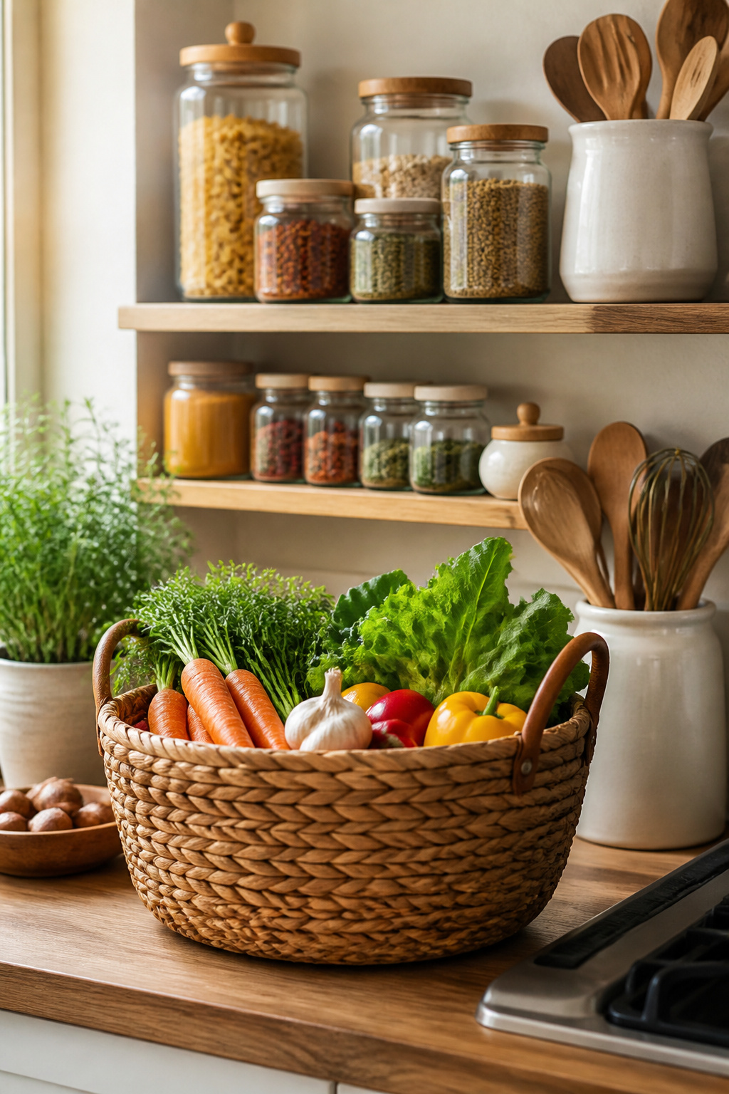 10 Steps to Organize Kitchen Counters: A 2026 Guide 8 Glass jars and ceramic crocks displayed on a kitchen counter.