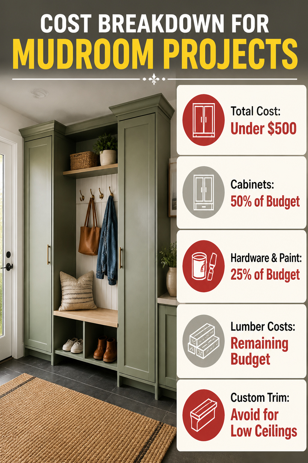 IKEA Mudroom Ideas for Storage, Lockers and Benches 10 Cost breakdown for various mudroom projects displayed in an infographic.