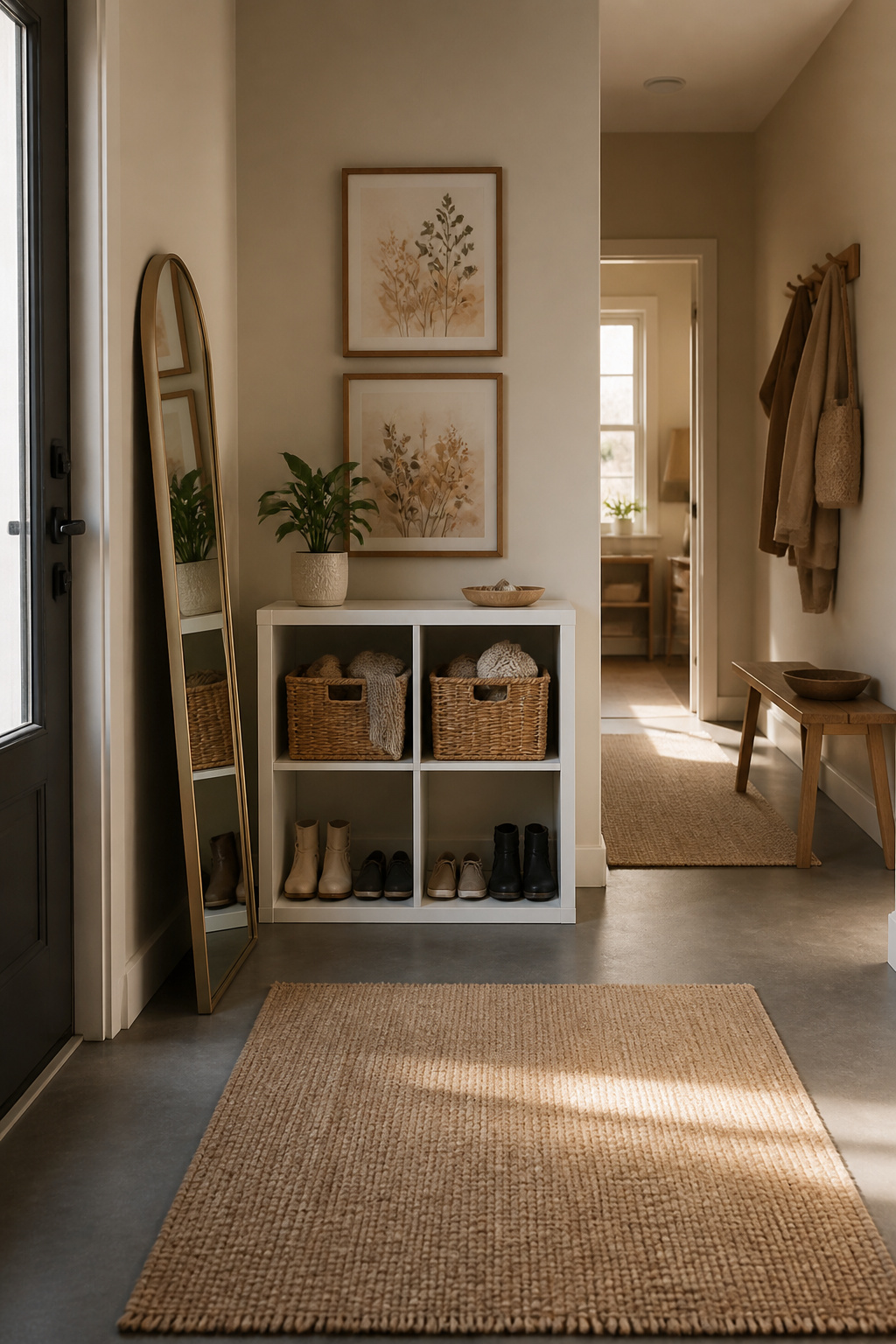 IKEA Mudroom Ideas for Storage, Lockers and Benches 2 KALLAX shelving unit displaying shoes and baskets in a narrow entryway.