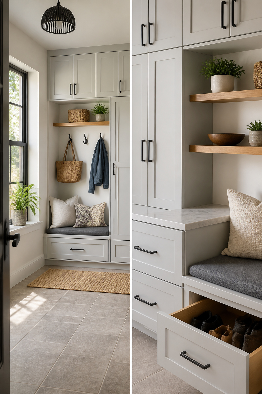 IKEA Mudroom Ideas for Storage, Lockers and Benches 5 SEKTION cabinets customized for a mudroom, featuring a countertop and hooks.