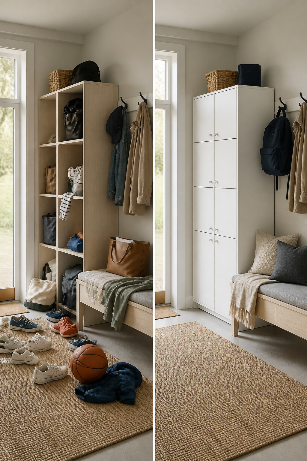 IKEA Mudroom Ideas for Storage, Lockers and Benches 7 Stacked HALLAN units serving as lockers for shoes and bags in a mudroom.