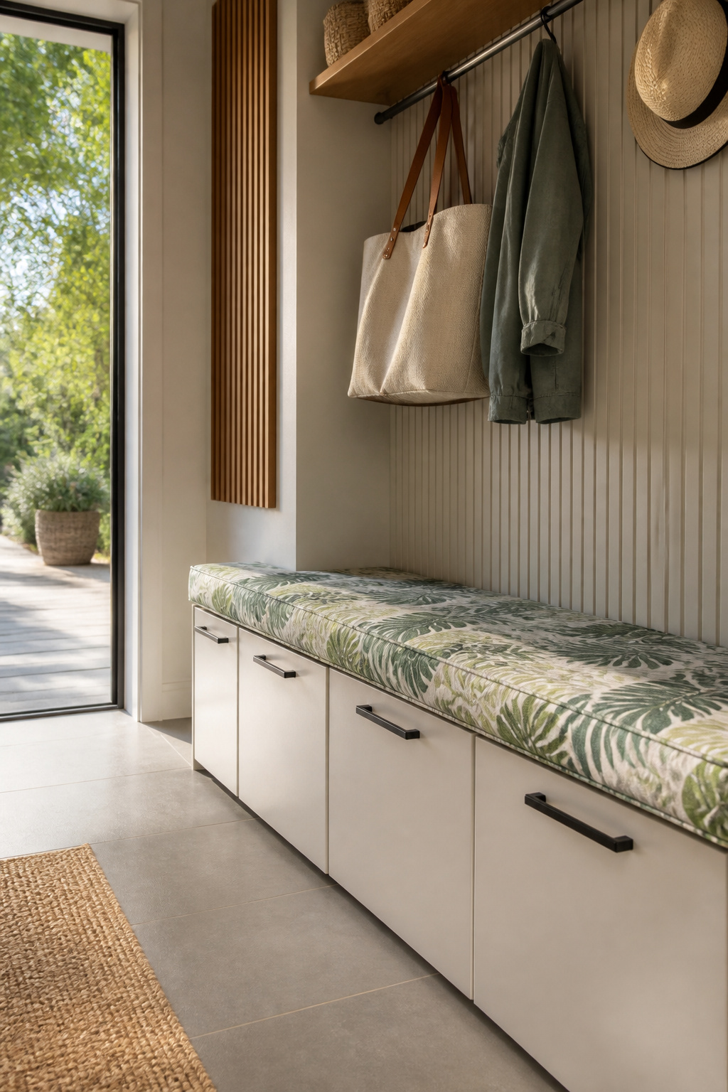 IKEA Mudroom Ideas for Storage, Lockers and Benches 9 Accessorized IKEA cabinet with black hardware and a waterproof cushion.