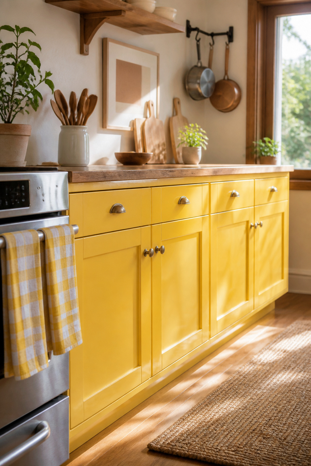 19 Kitchen Cabinet Ideas to Try in 2026, From Color to Storage 1 A kitchen with yellow lower cabinets and neutral walls.