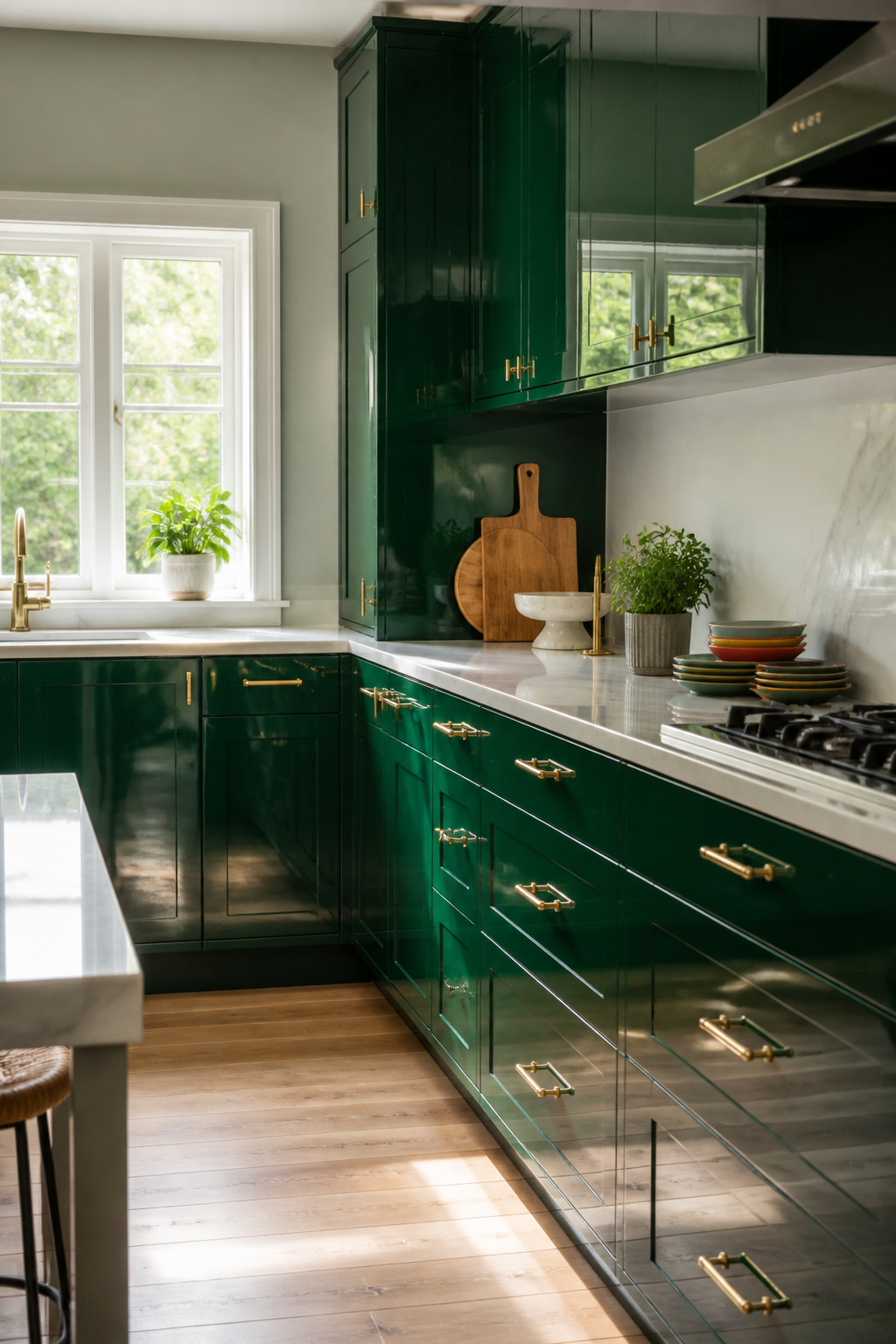 19 Kitchen Cabinet Ideas to Try in 2026, From Color to Storage 17 A kitchen with high-gloss green cabinets reflecting light.