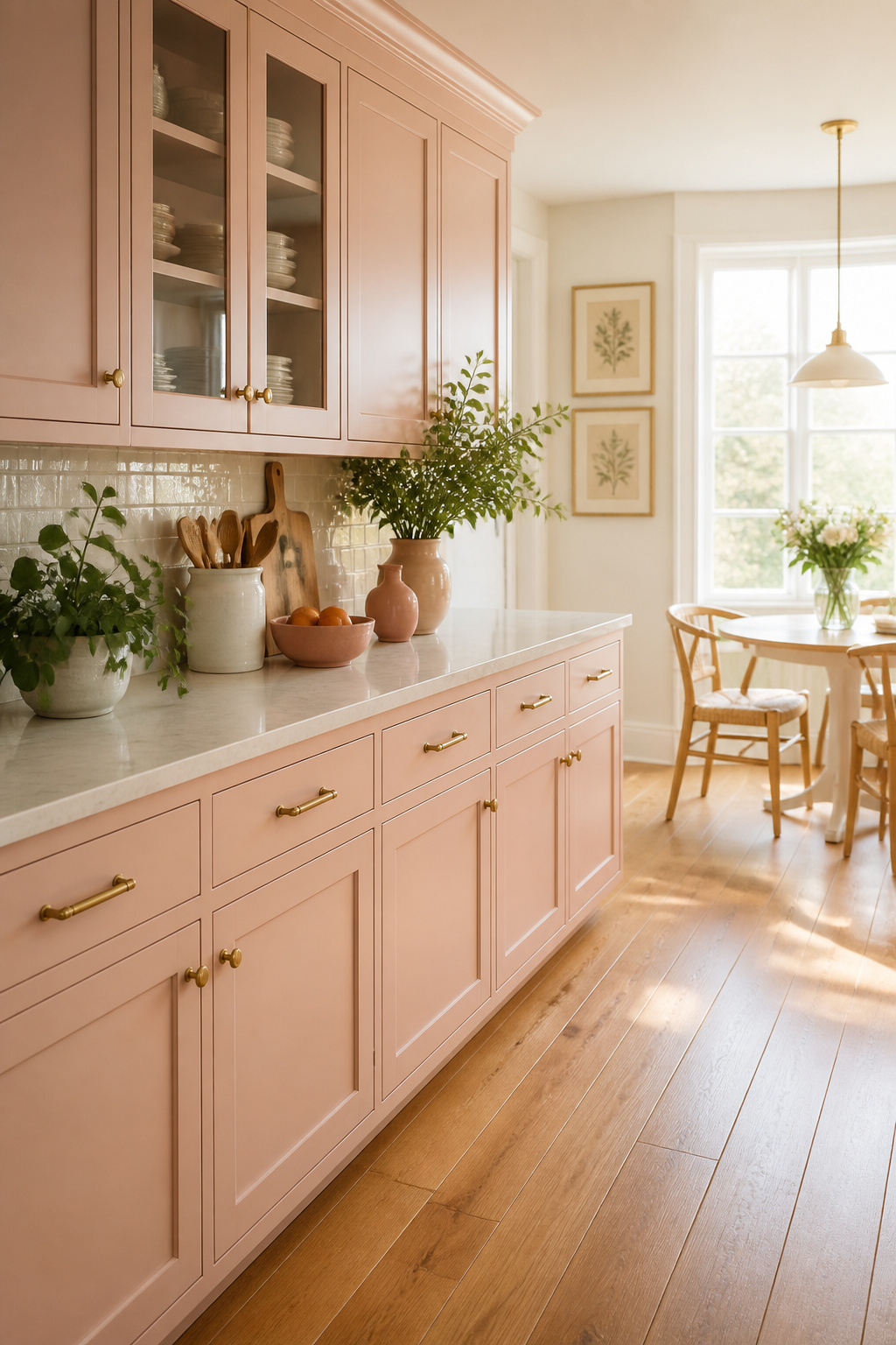 19 Kitchen Cabinet Ideas to Try in 2026, From Color to Storage 18 A kitchen featuring pink cabinets against warm wood floors.