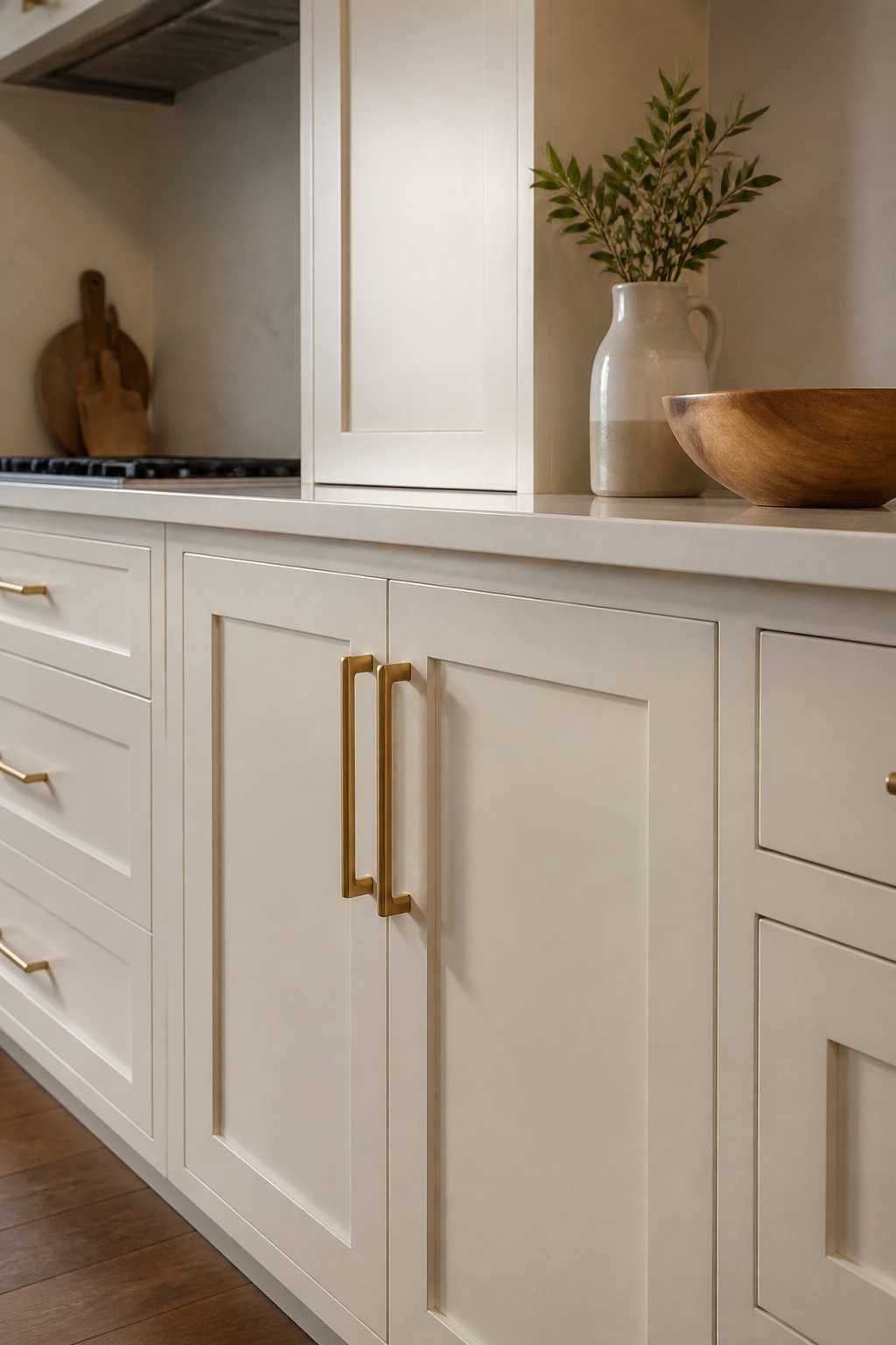 19 Kitchen Cabinet Ideas to Try in 2026, From Color to Storage 22 A close-up of white cabinets with brass hardware.