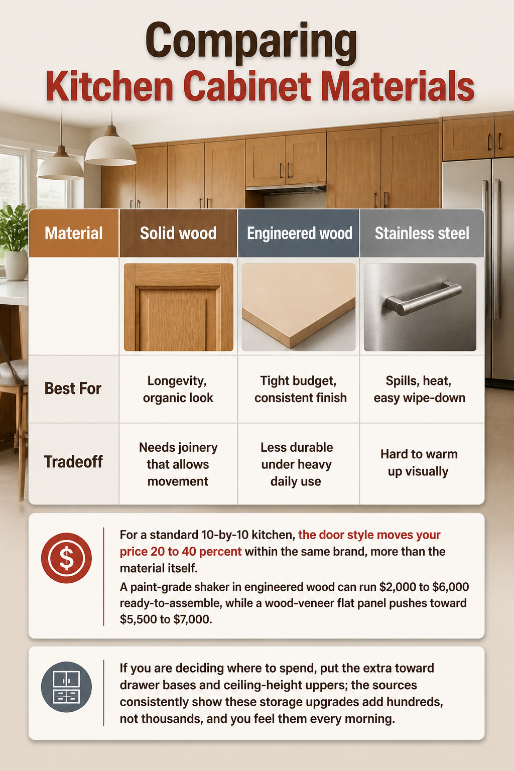19 Kitchen Cabinet Ideas to Try in 2026, From Color to Storage 23 A chart comparing solid wood, engineered wood, and stainless steel.
