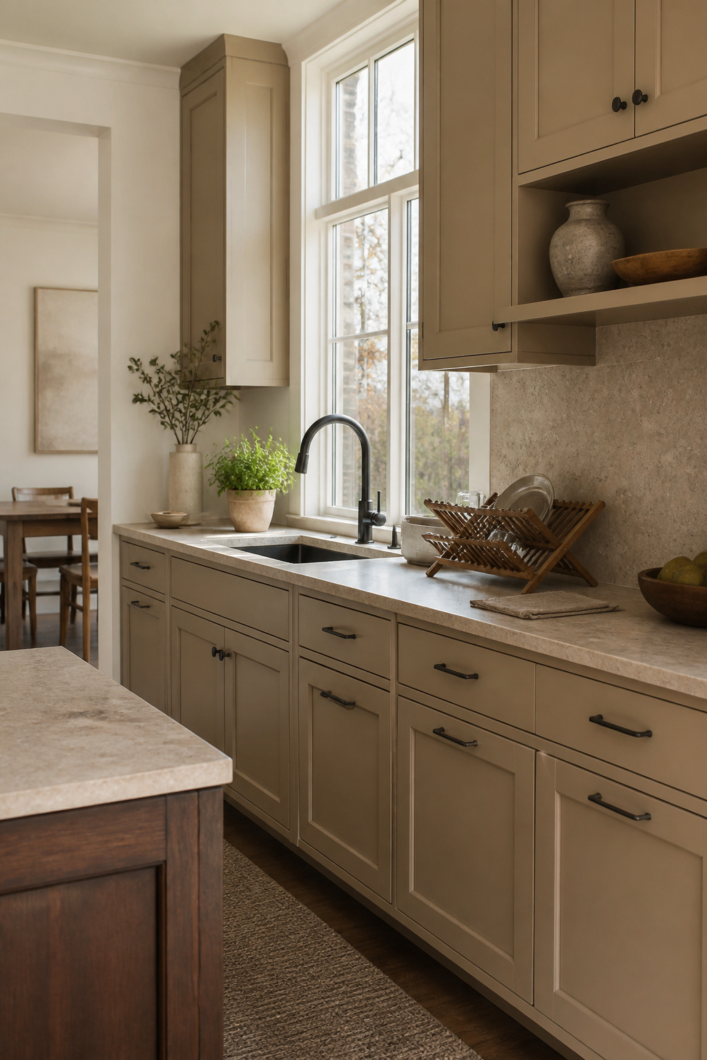 19 Kitchen Cabinet Ideas to Try in 2026, From Color to Storage 4 A kitchen with neutral-toned cabinets and warm lighting.