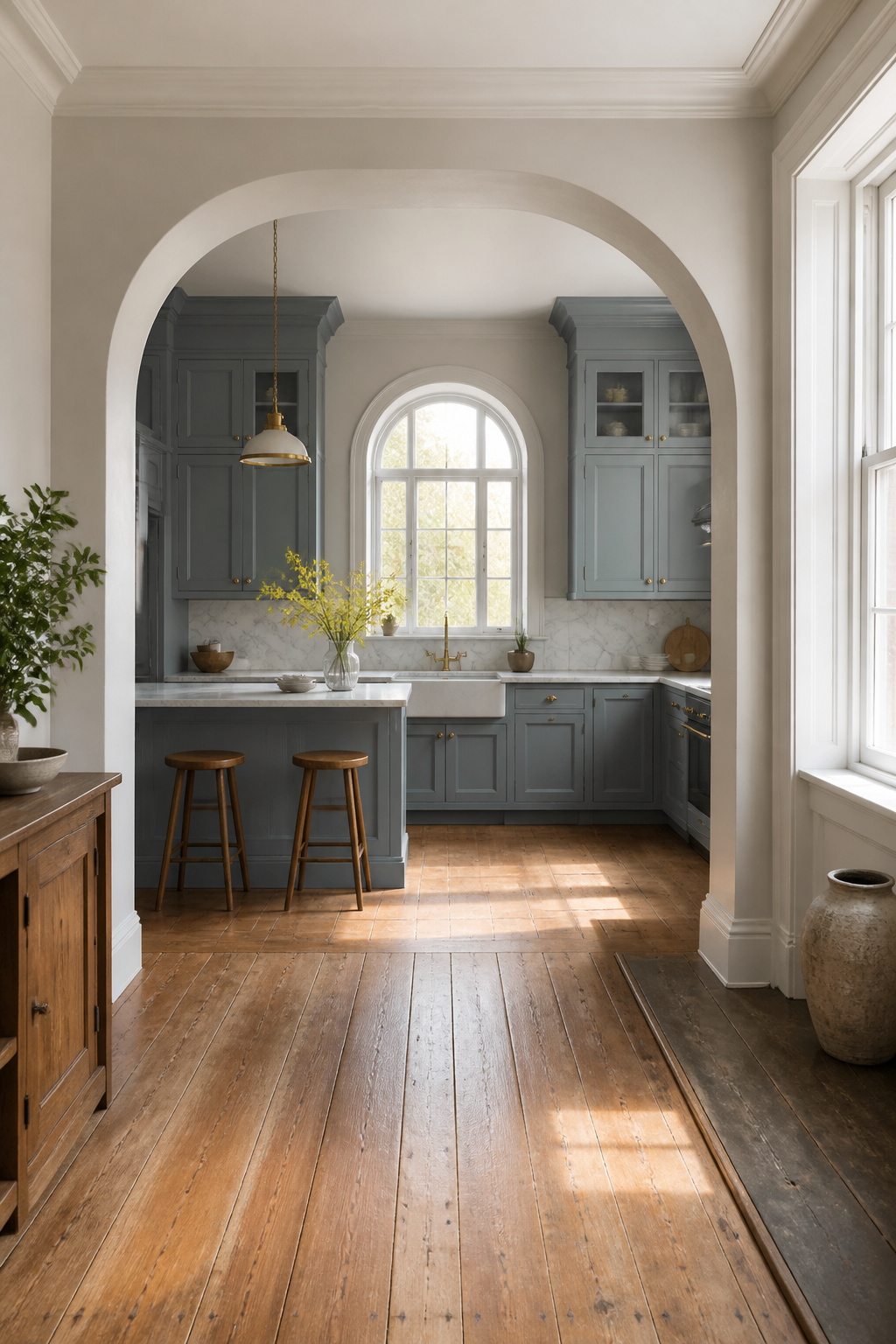 19 Kitchen Cabinet Ideas to Try in 2026, From Color to Storage 7 A kitchen with cabinets matching the window arch and baseboard trim.