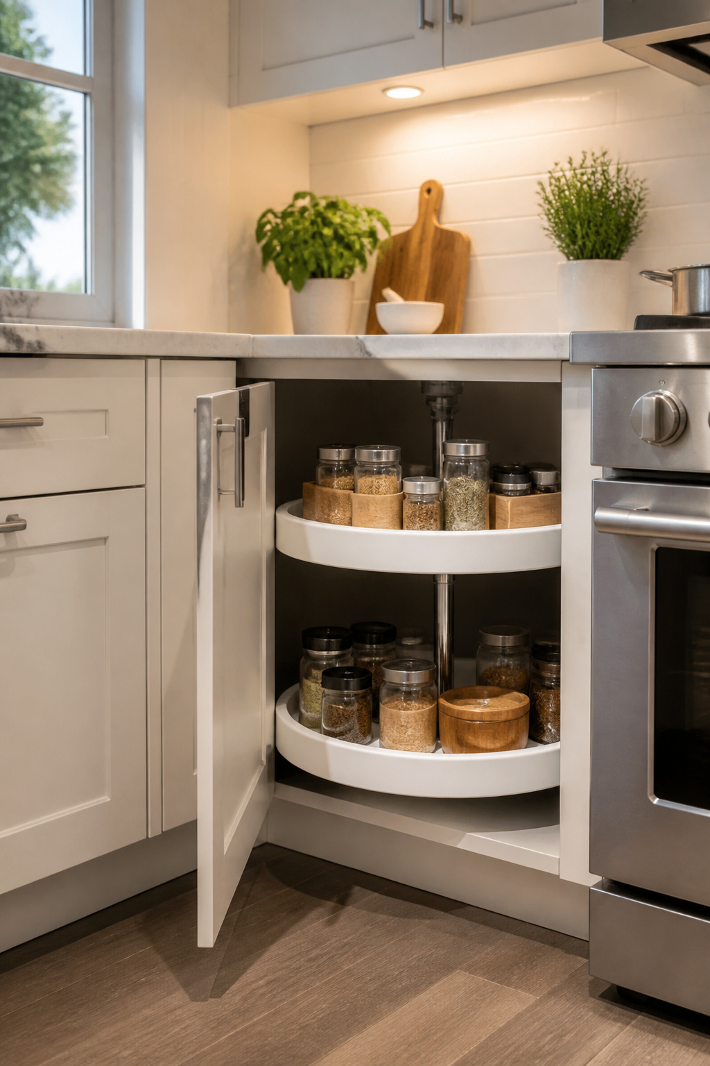 A Lazy Susan corner cabinet with white trays filled with spices.