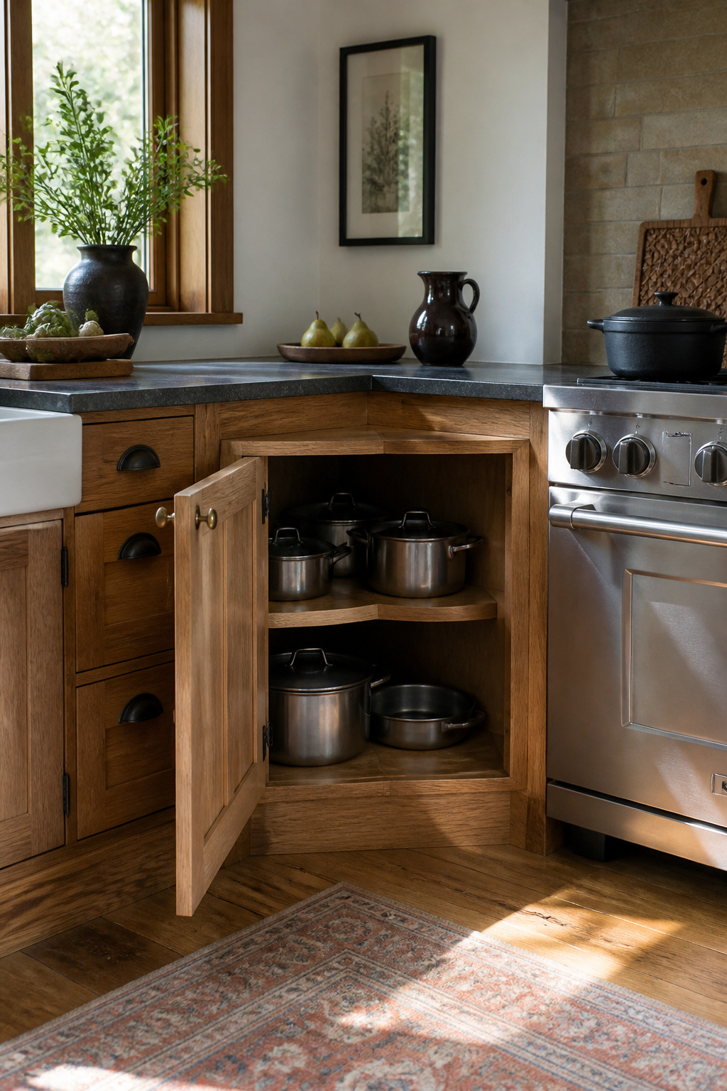 A triangular base corner cabinet with a diagonal door.