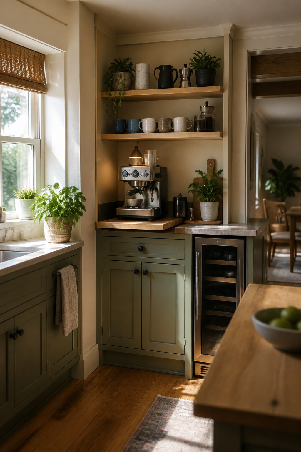 A corner coffee bar with an espresso machine and open shelves.