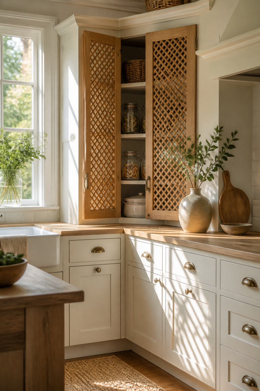 A corner cabinet with open-lattice doors holding fresh produce.