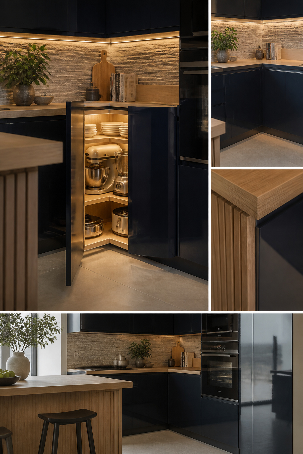 Motion-activated LED strips installed in a corner cabinet.