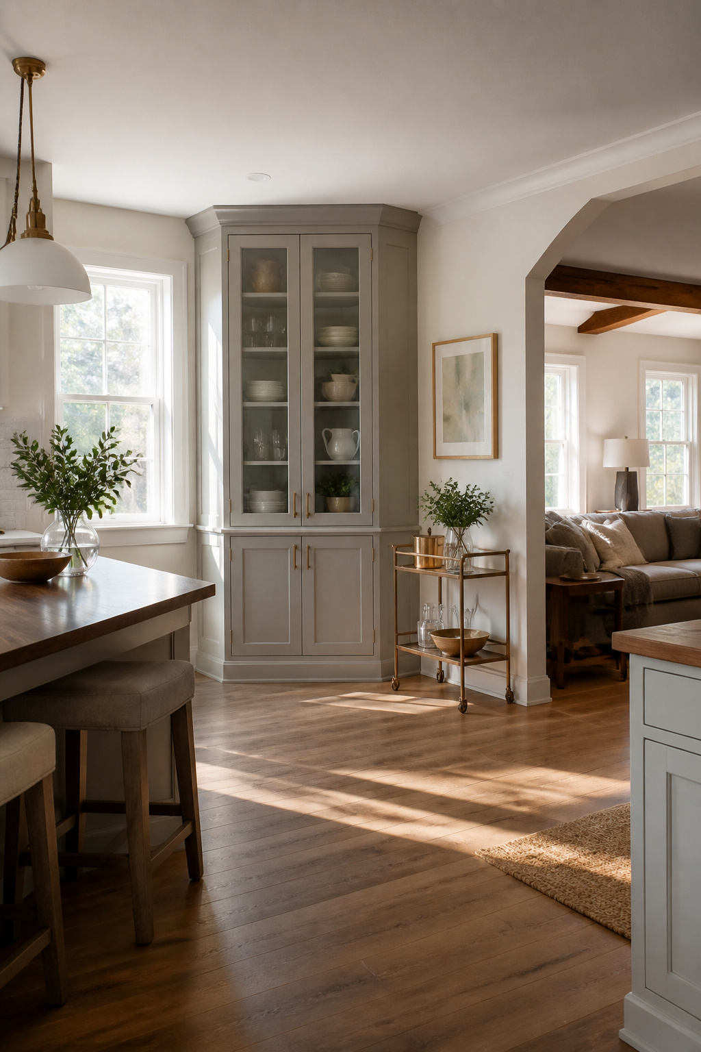 A custom corner hutch displaying dishes and decorative items.