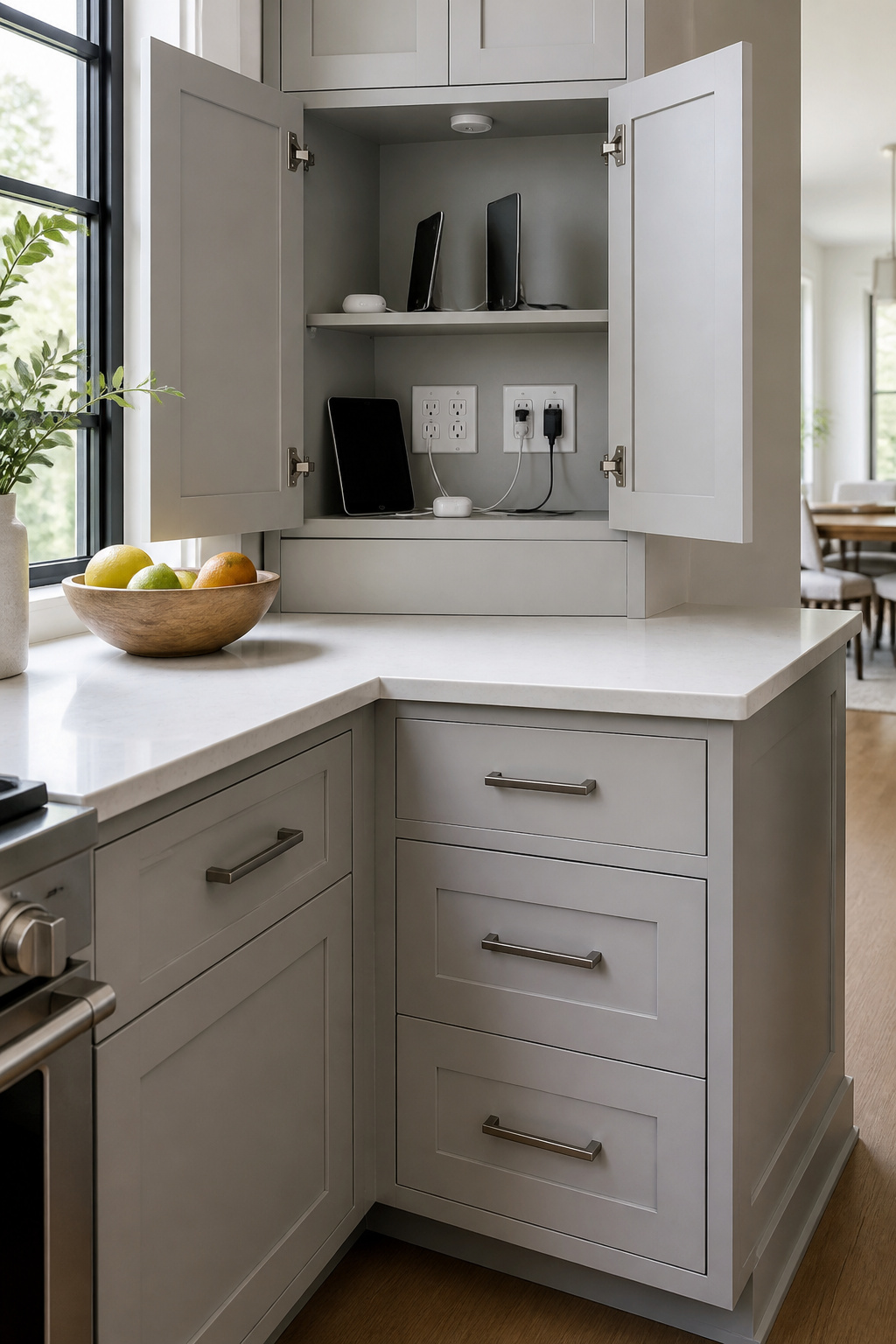 A corner cabinet with electrical outlets and charging stations.