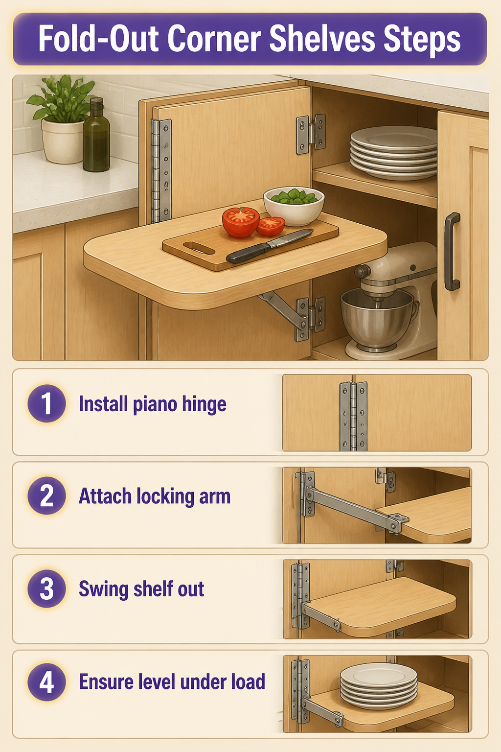 Hinged corner shelves folded out for use in a kitchen.