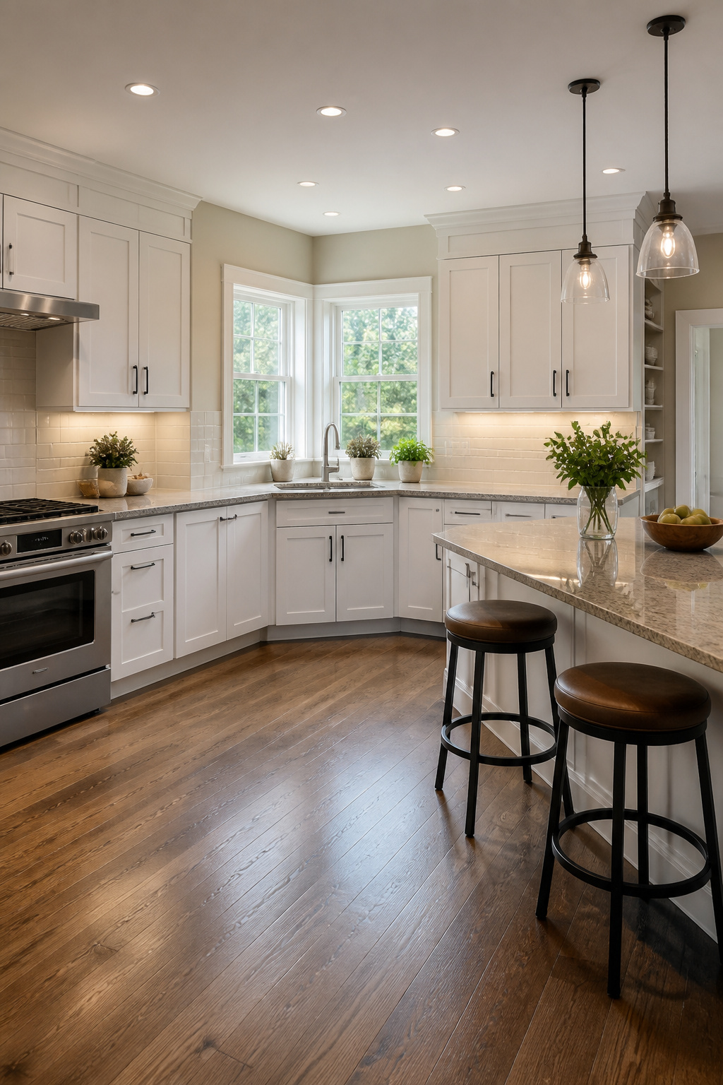 A corner cabinet with a sink and surrounding counter space.