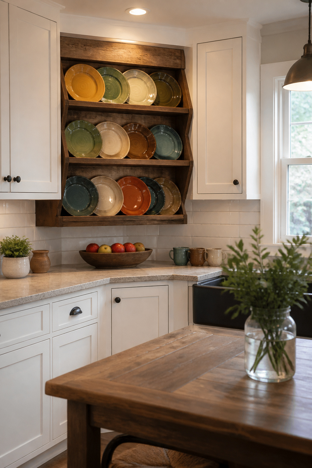 A corner plate rack showcasing various glazed plates.