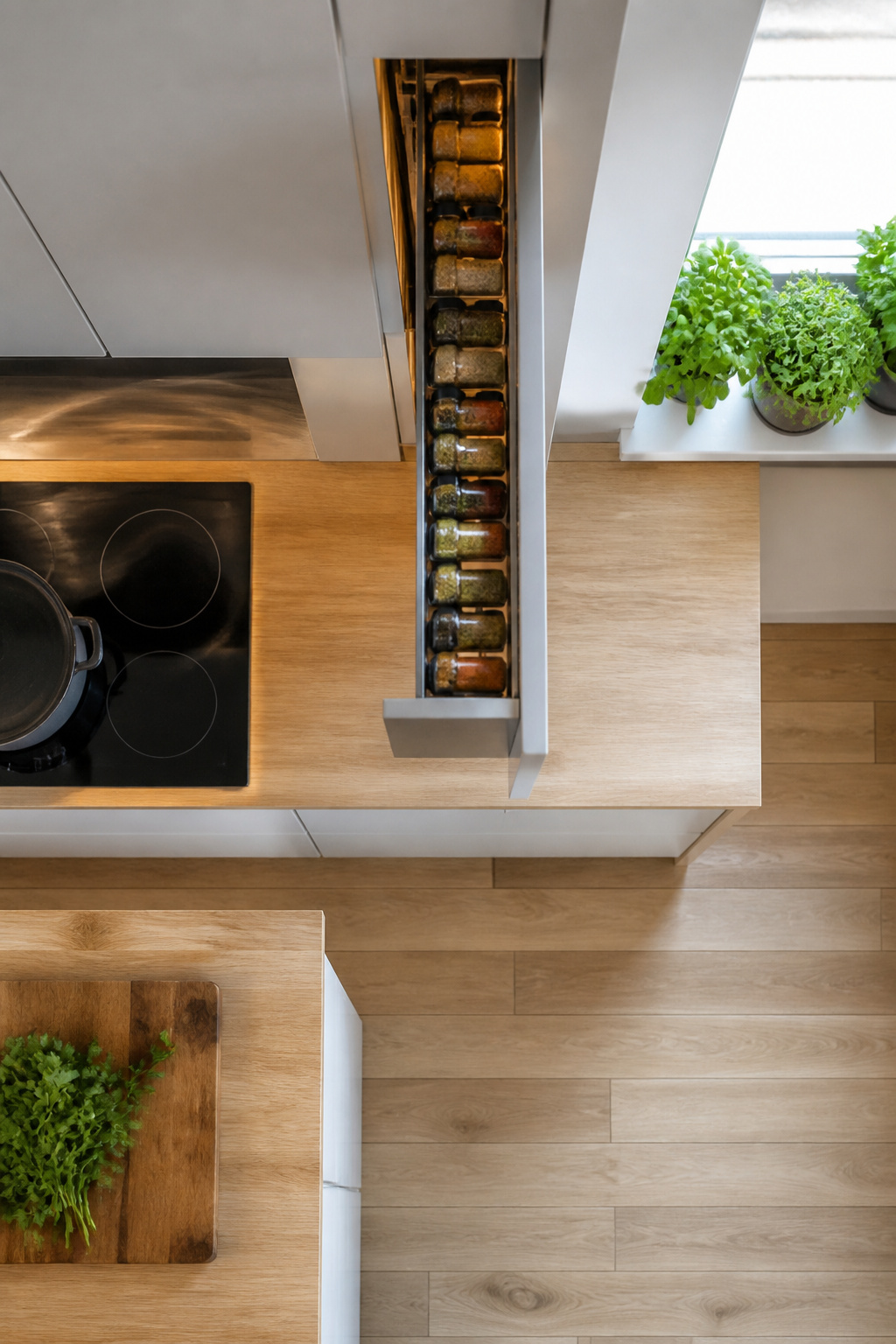 A narrow pull-out spice rack in an upper corner cabinet.