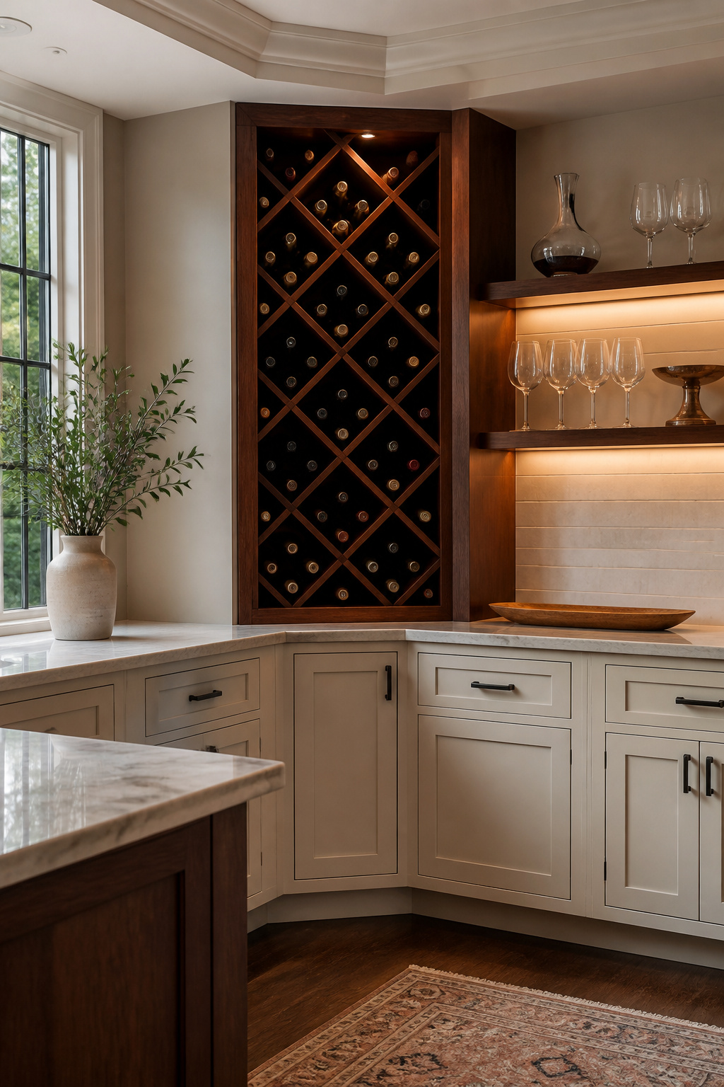 A corner cabinet with an X-shaped wine rack for bottles.