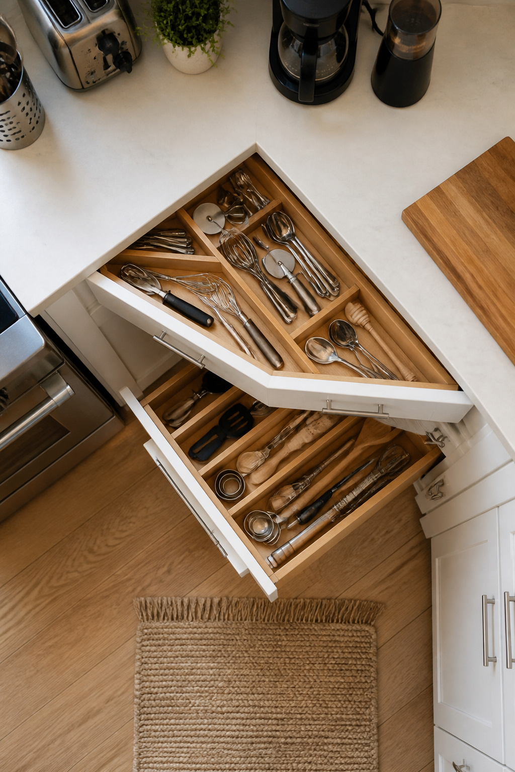 A corner drawer with custom organizers for utensils and tools.