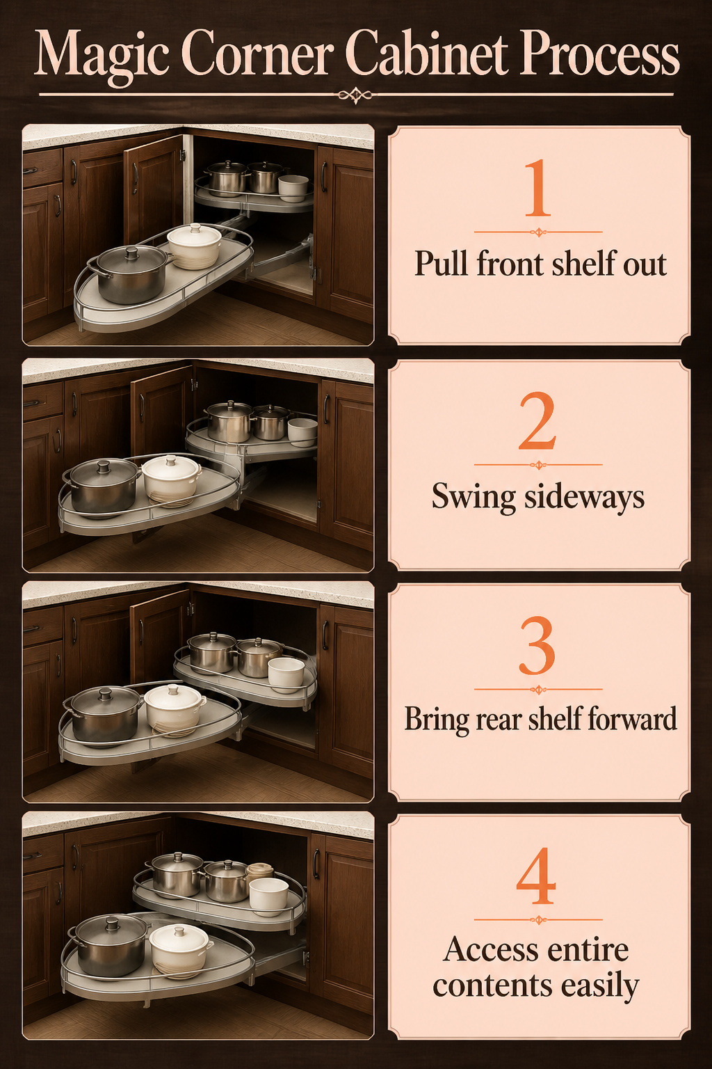A magic corner cabinet with shelves pulled out into the aisle.