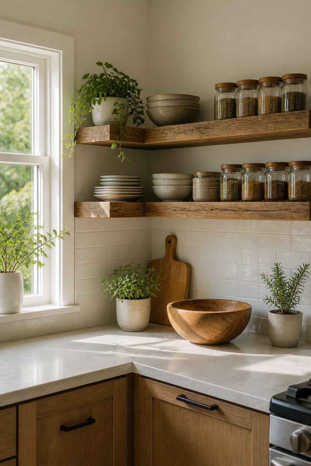 Floating corner shelves displaying jars and dishes in a kitchen.