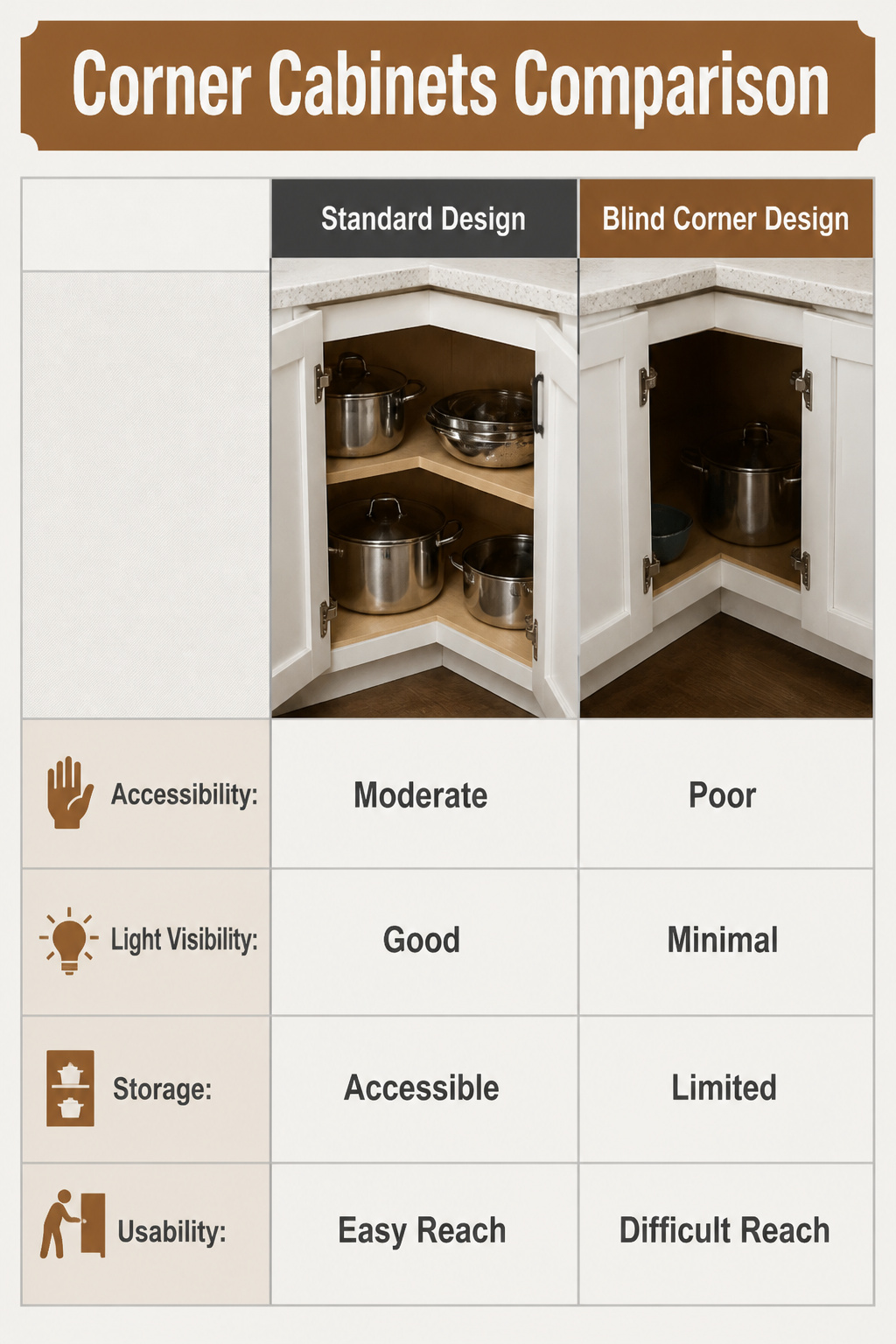 A diagram illustrating the inefficiency of corner cabinet designs.