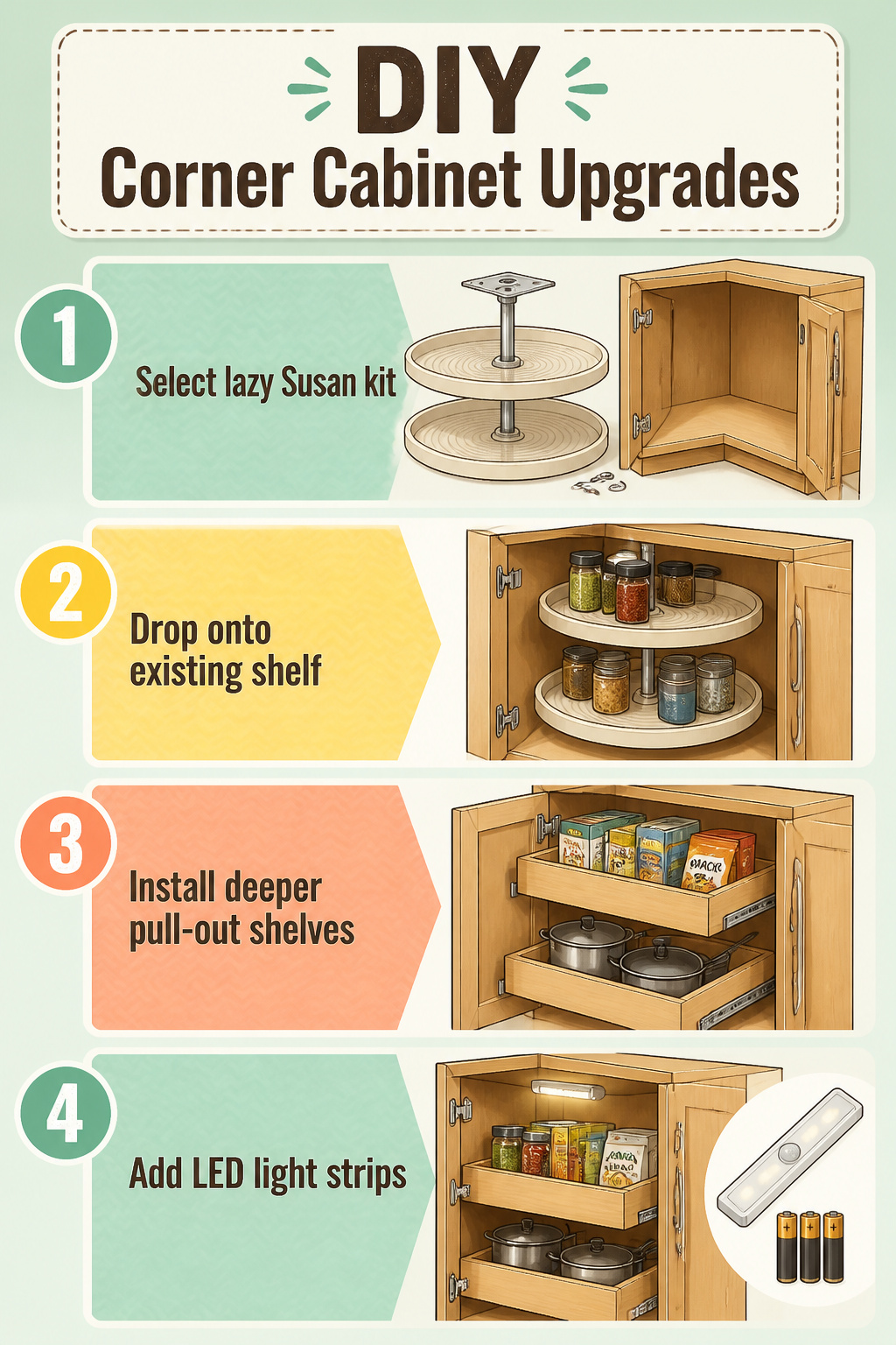 A step-by-step guide for retrofitting a corner cabinet.