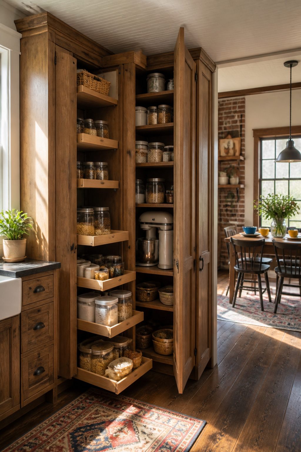 A tall corner pantry cabinet filled with shelves and dry goods.