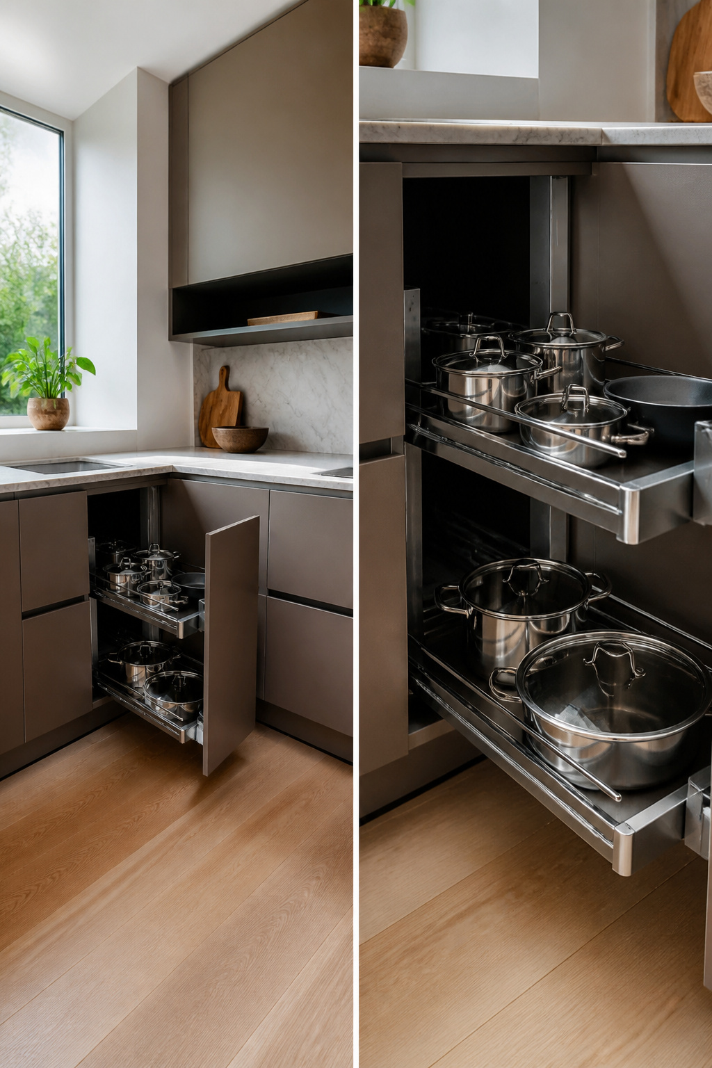A blind corner cabinet with pull-out shelves visible.
