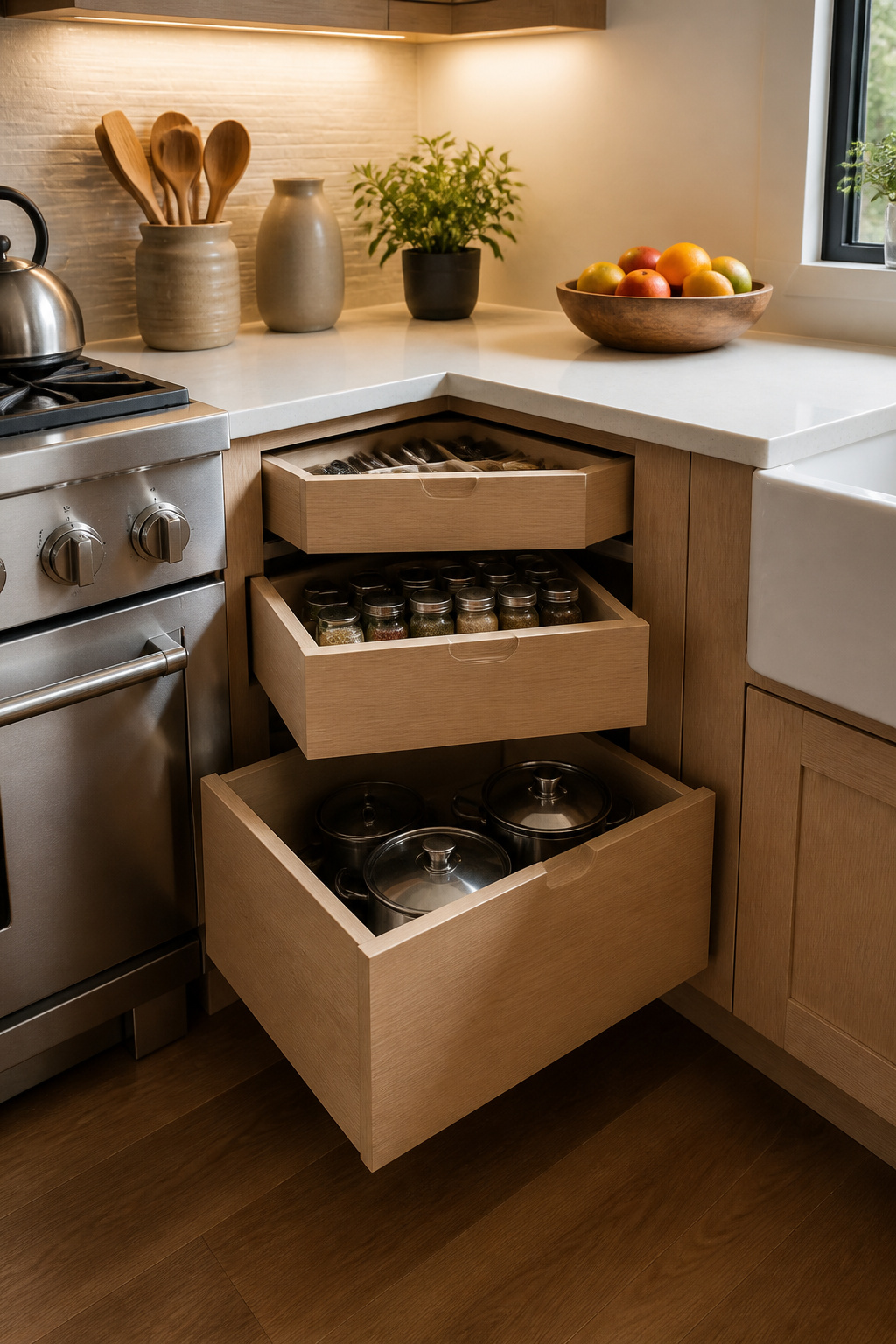 Three stacked drawers radiating from a corner cabinet.