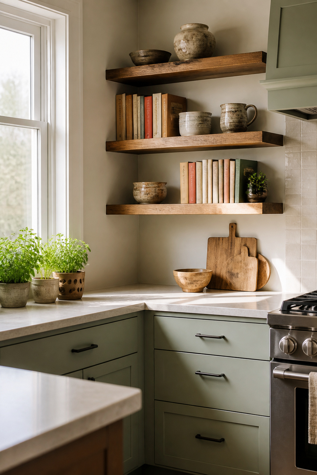 Open corner shelves with colorful cookbooks and pottery.